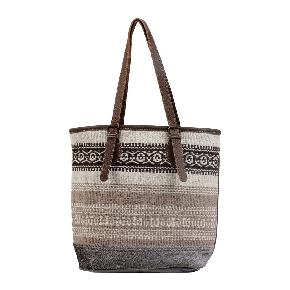 Myra Bag Beige Tribal Patterned Tote Bag Canvas Calf Hair Leather Straps